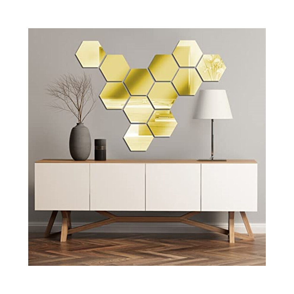 12 Pcs Acrylic Mirror Set 12cm/5in DIY Hexagonal Wall Sticker Decal Flexible Plastic Mirror for Living Room Background Decor