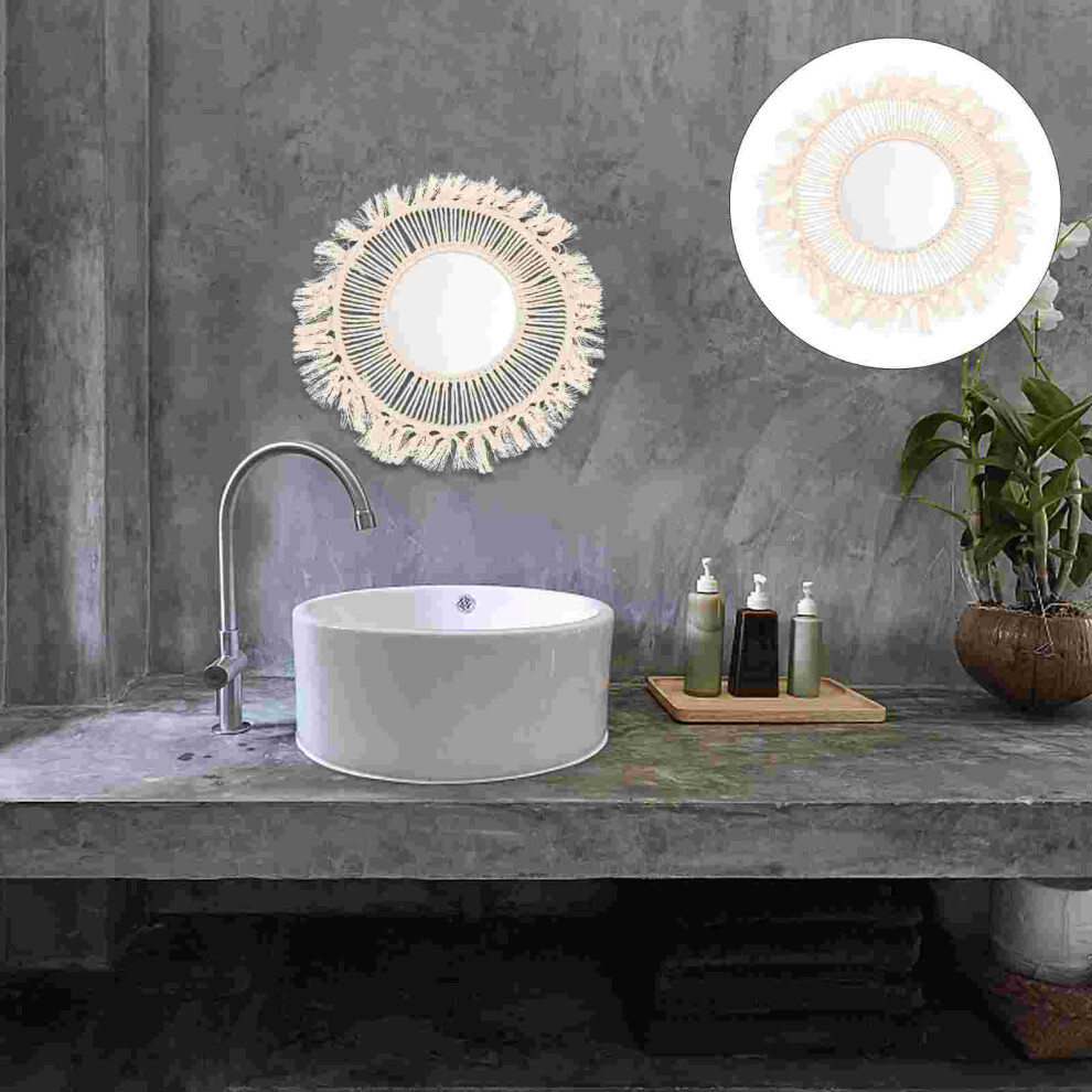 1Pc Bohemian Style Mirror Wall Hanging Mirror Hand-woven Macrame Mirror (Beige)