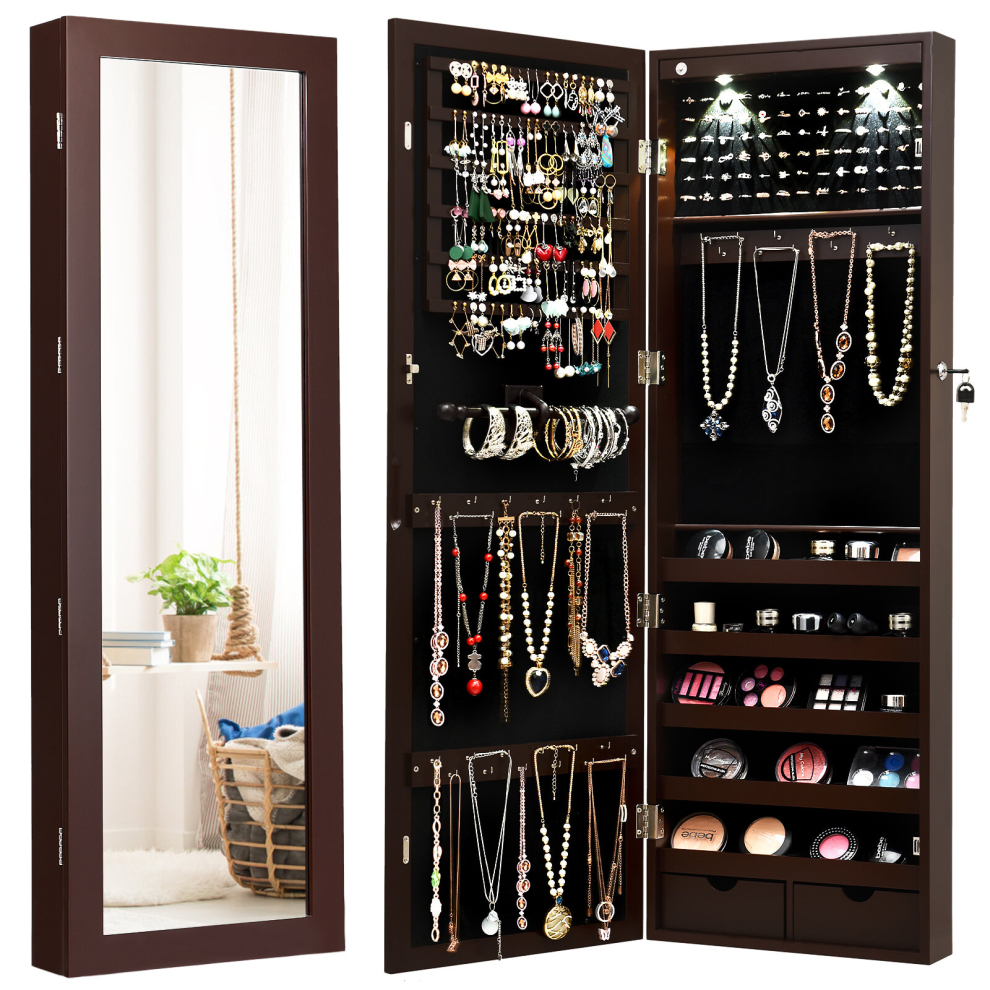 2 IN 1 Mirror Jewelry Cabinet Wall Mounted/Door Hanging Jewelry Armoire Storage