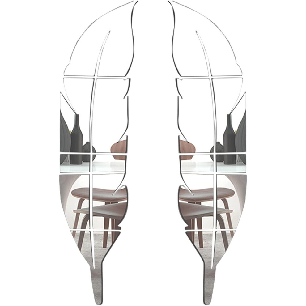 2 Set 3D Feather Shaped Set Acrylic Mirror Wall Decor Stickers DIY Art Decals Home Decorations for Living Room Bedroom Bathroom