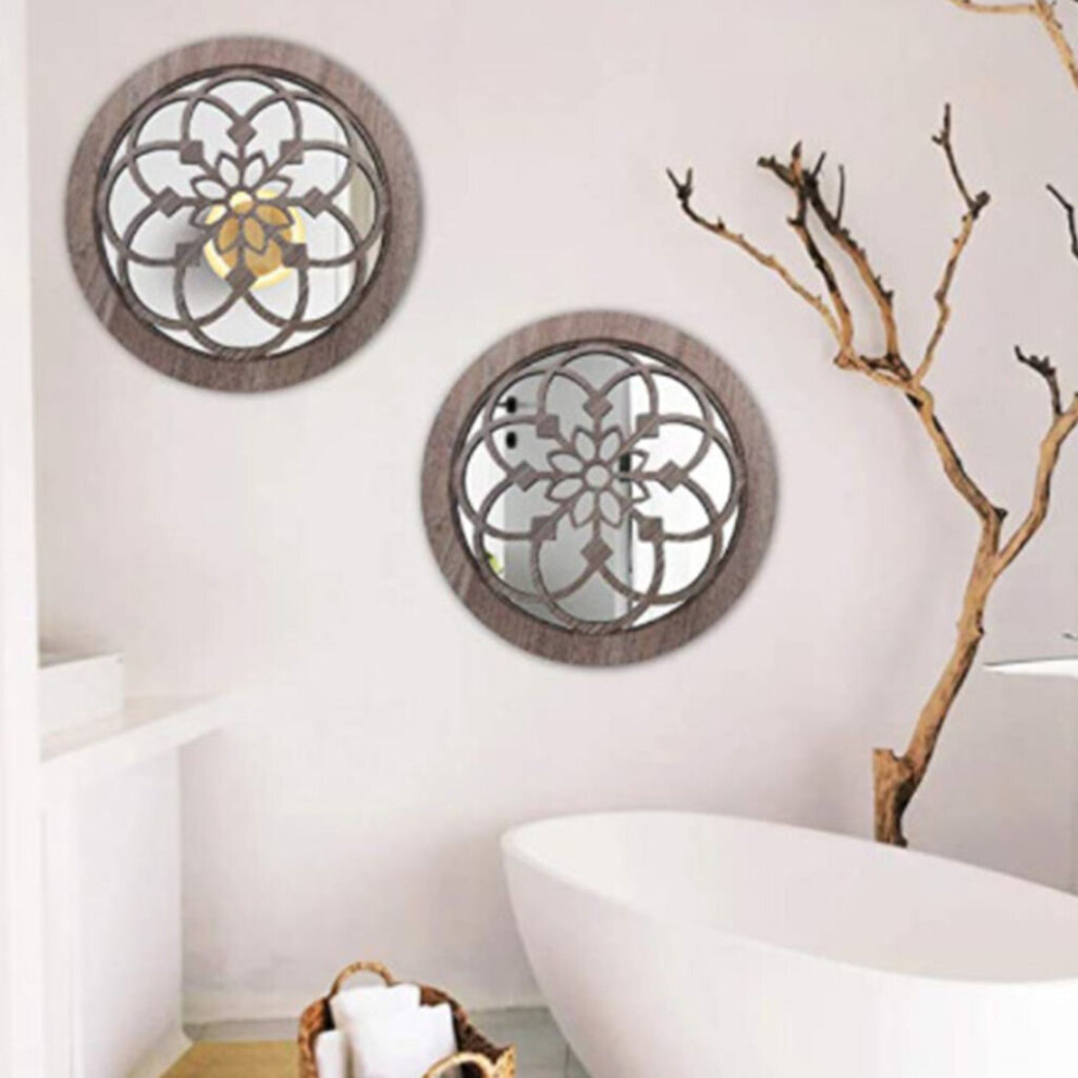 2x Wall Decorative Mirror Accents Round Gorgeous Carving Rustic Barn Grille Bedroom Bathroom Garden Yard Porch Home Decor