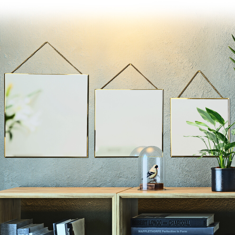 3 Piece Square Shape Gold Brass Rimmed Hanging Mirror Set With Chain