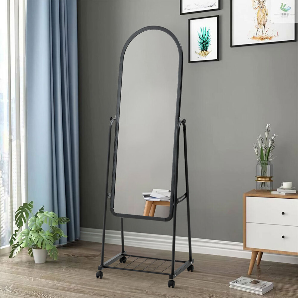 (36cm W x 160cm H) Black Freestanding Rolling Full Length Mirror with Storage Shelf