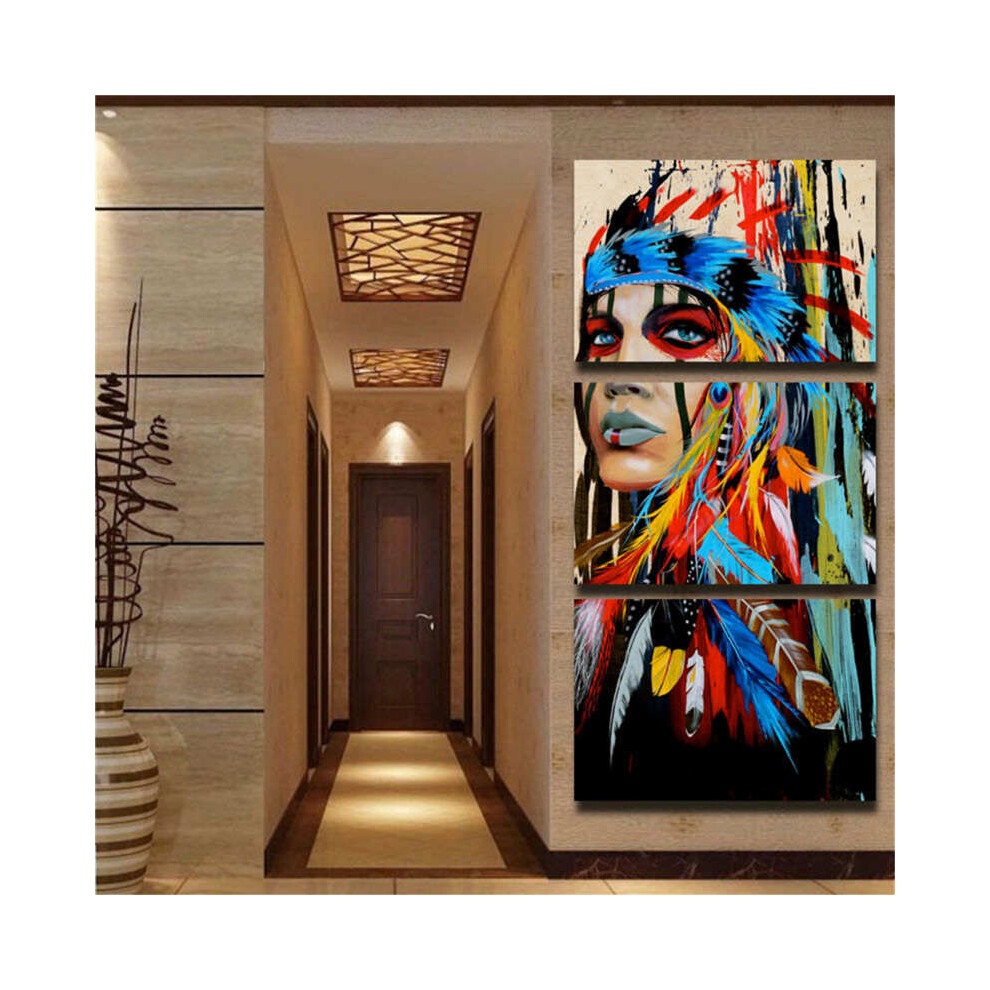 3Pcs/Set Indian Woman Canvas Feather Painting Decorative Mirrors Print Picture Home Wall Modern Art Colorful Decor - Image 3
