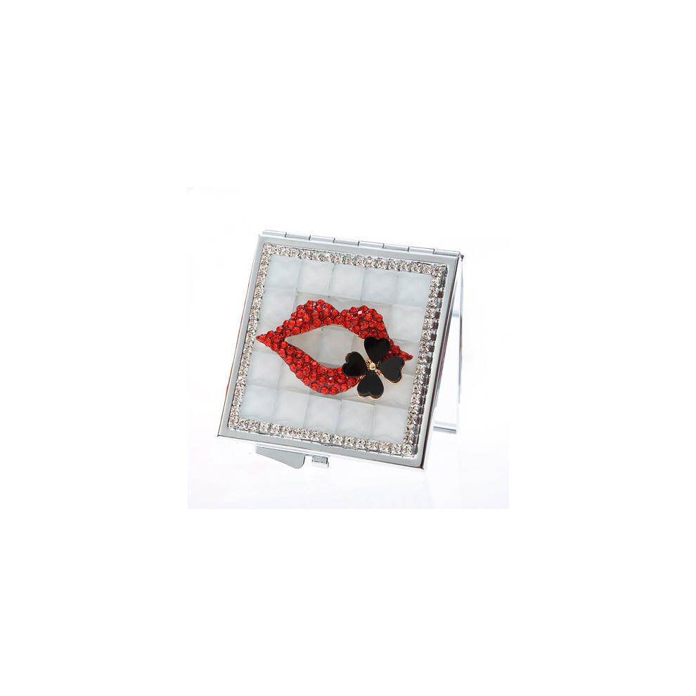 4 Colors Mini Folding Portable make-up Cosmetic beauty makeup compact pocket mirror,bling crystal rhinestone sexy red lip flower