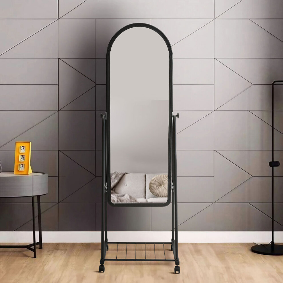 (45cm W x 160cm H) Black Freestanding Rolling Full Length Mirror with Storage Shelf