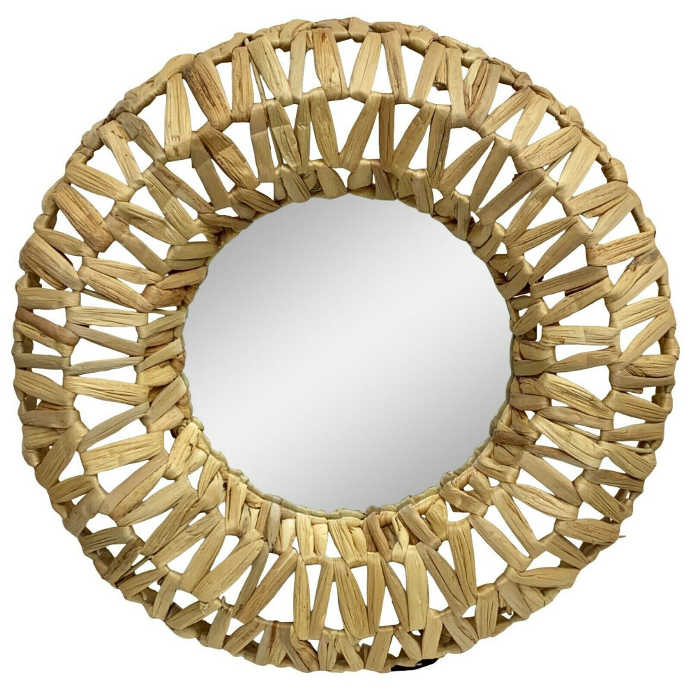 46cm Large Round Wall Hanging Mirror with Natural Wood Frame Woven Design