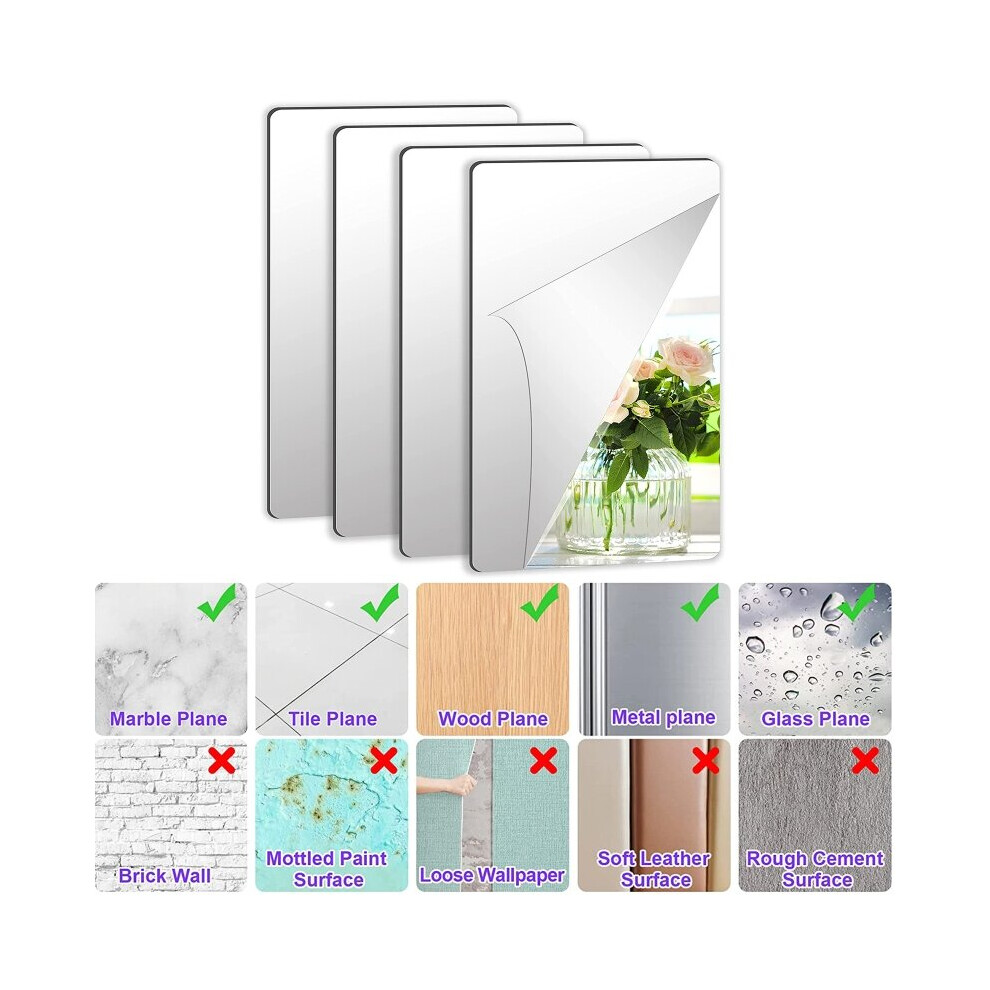 4pcs Acrylic Mirror Sheets Flexible Non Glass Mirror Tiles with 16pcs Self Adhesive Stickers for Home Livingroon Decoration Wall