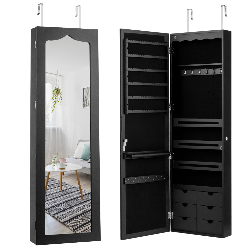 5 LED Lights Jewelry Cabinet Lockable Armoire Wall/Door Mounted w/Mirror