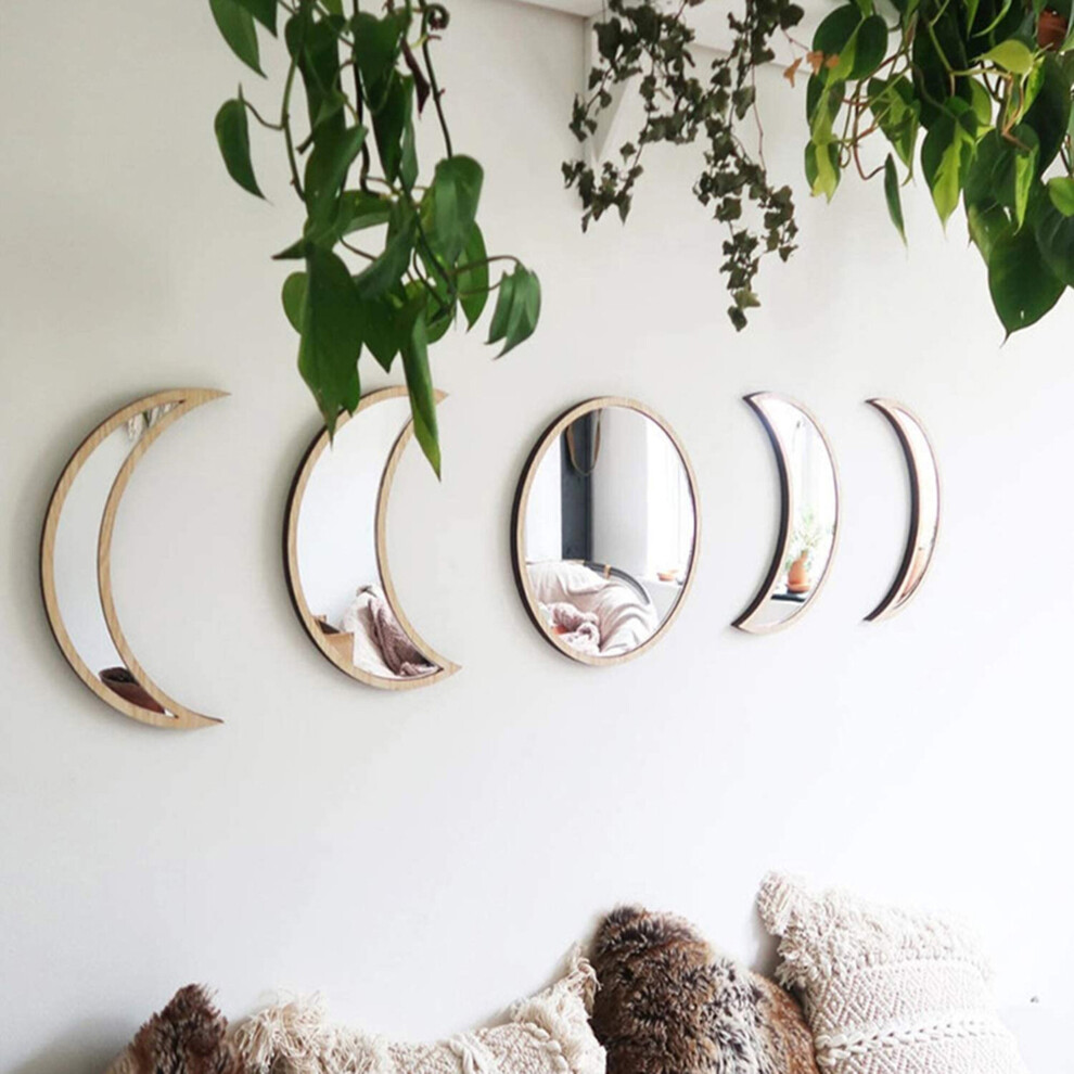 5 Piece Wooden Acrylic Moon Mirror Moon Cycle Variation Decorative Wall Mirror Creative Bohemian Mirror