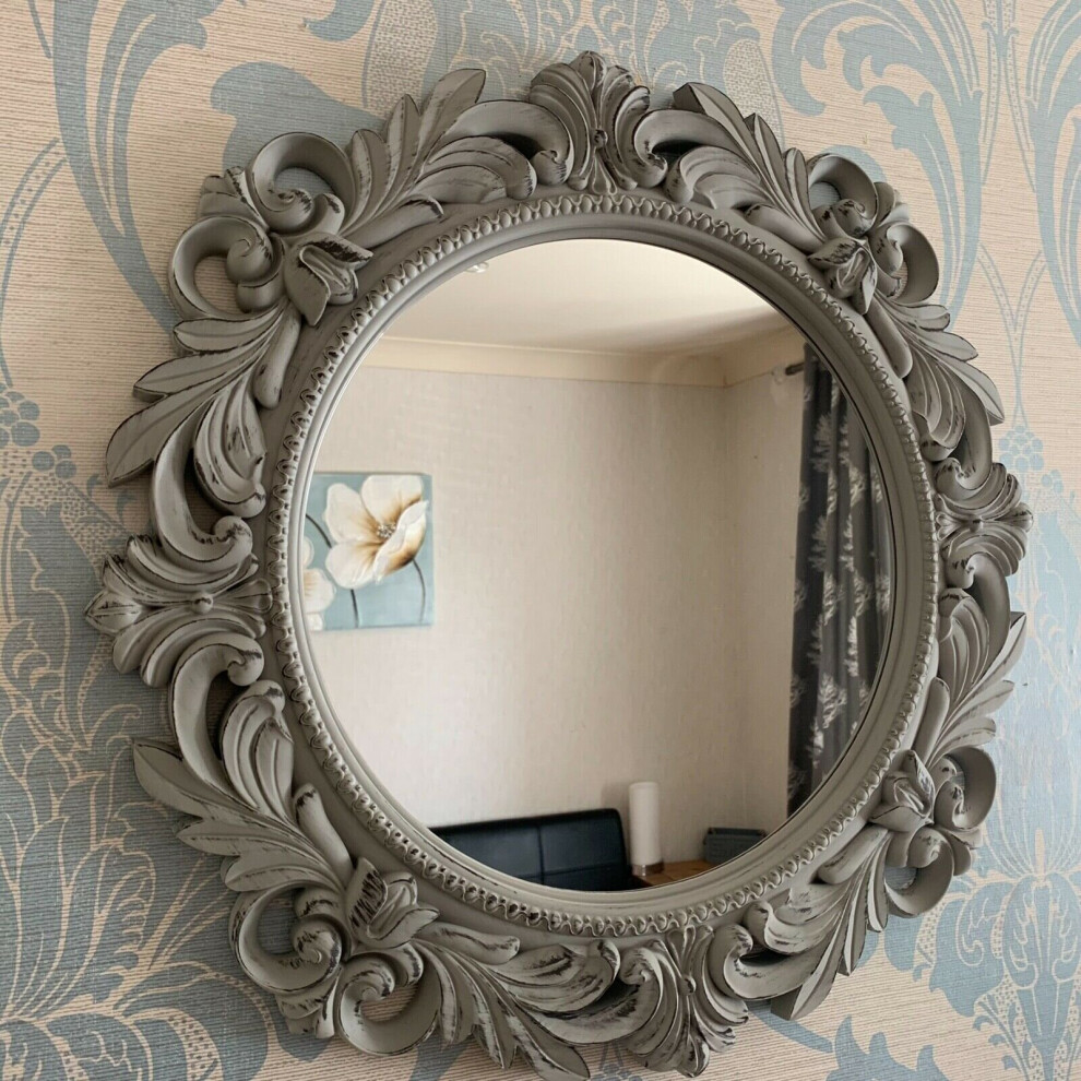 51CM RUSTIC GREY ORNATE ROUND WALL MIRROR ROUND FILIGREE GIRLS ROOM WALL MIRROR