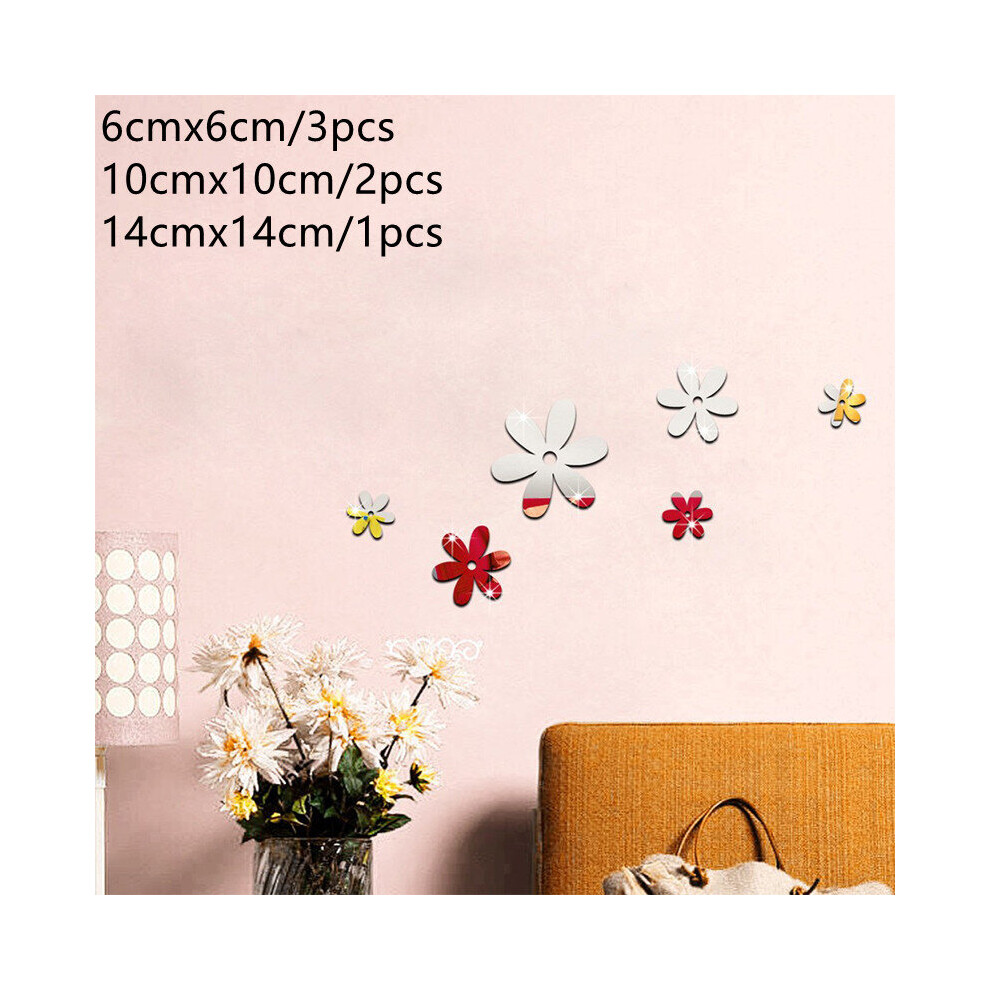 6 Pcs 3D Mirror Sticker Flower Shape Wall Stickers Living Room Kid Room Background DIY Wall Decoration Gift