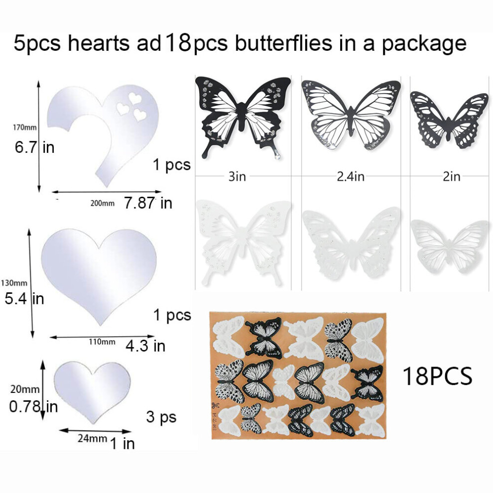 Acrylic Heart Wall Mirror Stickers 3D Butterfly Removable Mirror Wall Stickers Art Decal DIY Kids Room Home Decor