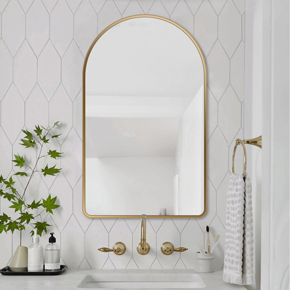 Arched Wall Mounted Bathroom Framed Mirror Dressing Mirror, Gold