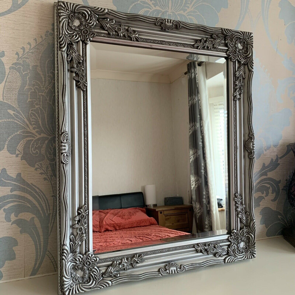 Baroque Style Silver Antique Wooden Wall Mirror Shabby Chic Ornate Silver Mirror
