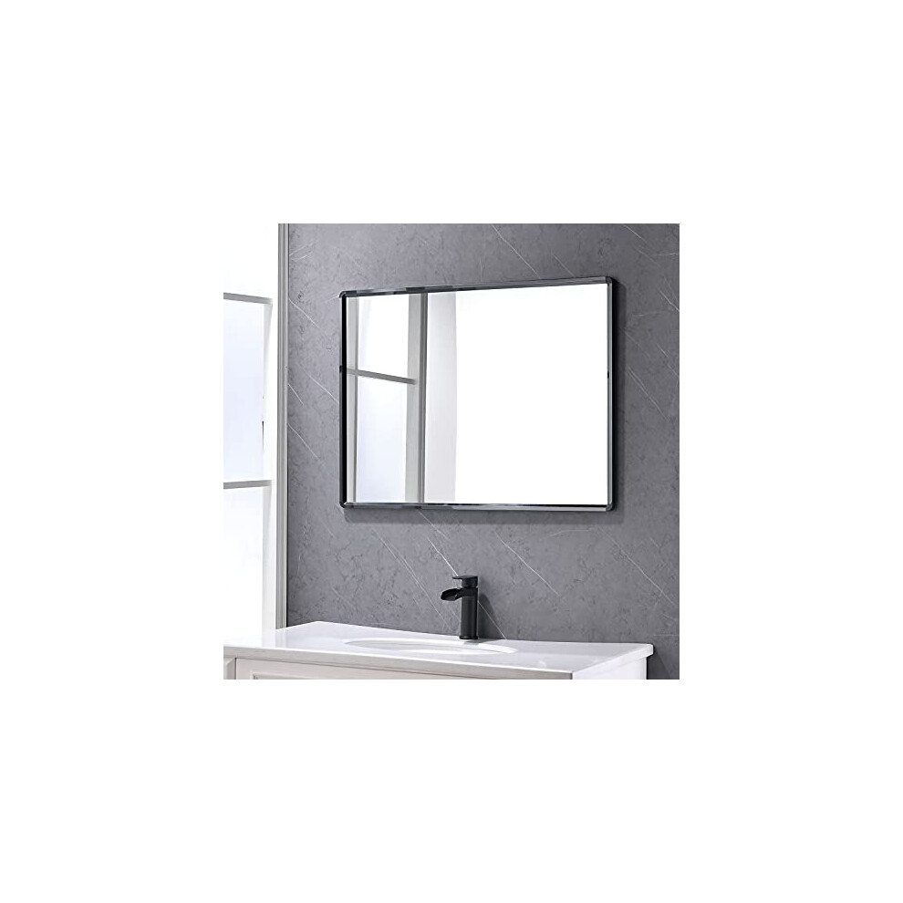 Bathroom Mirrors Wall Mounted Large 50 * 70 cm Black Stainless Steel Metal Framed Mirror Rectangular Bathroom HD Modern Simple Style, Hangs in