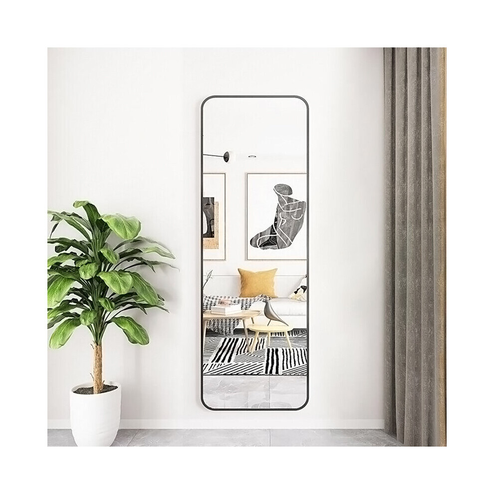 (Black) Full Length Mirror with Rounded Corners Door Hanging Hooks