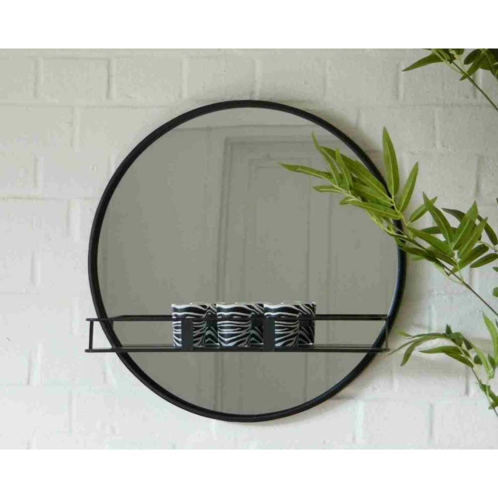 Black Mirror Metal Framed Glass Display Shelf Round Wall Unit
