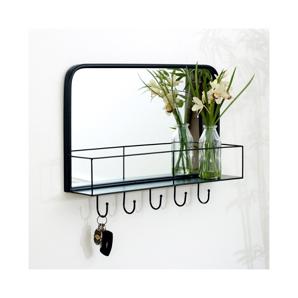 Black Mirrored Wall Shelf With Hooks