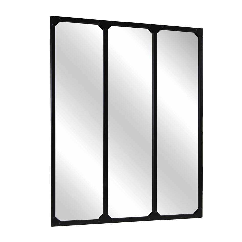 Charles Bentley Large Industrial Urban Wrought Iron Square Panelled Mirror with Frames Black 95x120cm