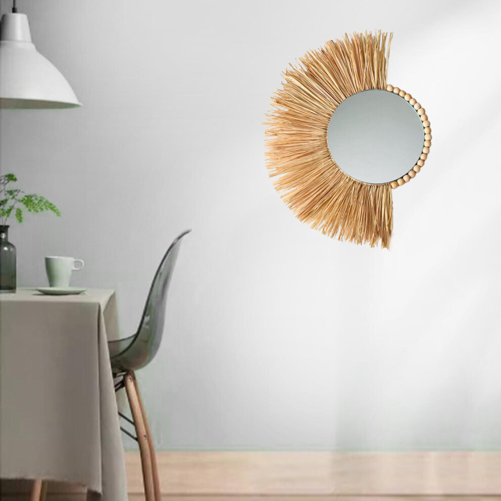 Circle Wall Mirror Woven Wall Hanging Mirror Wall Decor Wall Mirror Circle Straw with Wood Beads Boho for Home Decorations