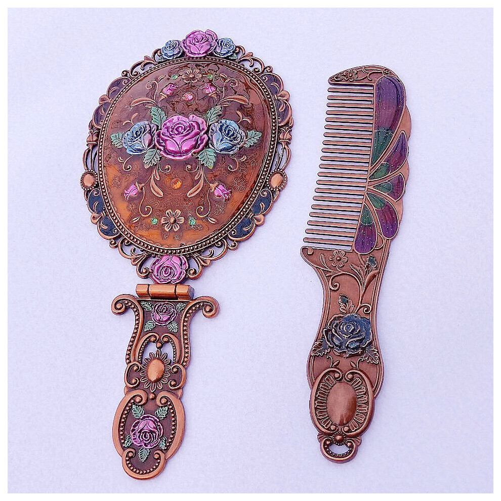 Creative retro embossed pattern peacock makeup decorative mirror portable portable folding metal handle beauty comb mirror