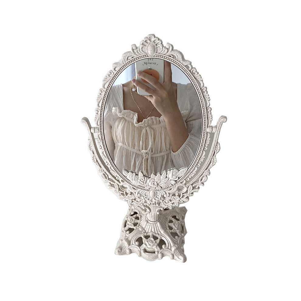 Cutelife Nordic Silver Plastic Vintage Decorative Mirror Small Round Make-up Bedroom Mirror Ins Table Room Standing Glass Mirror