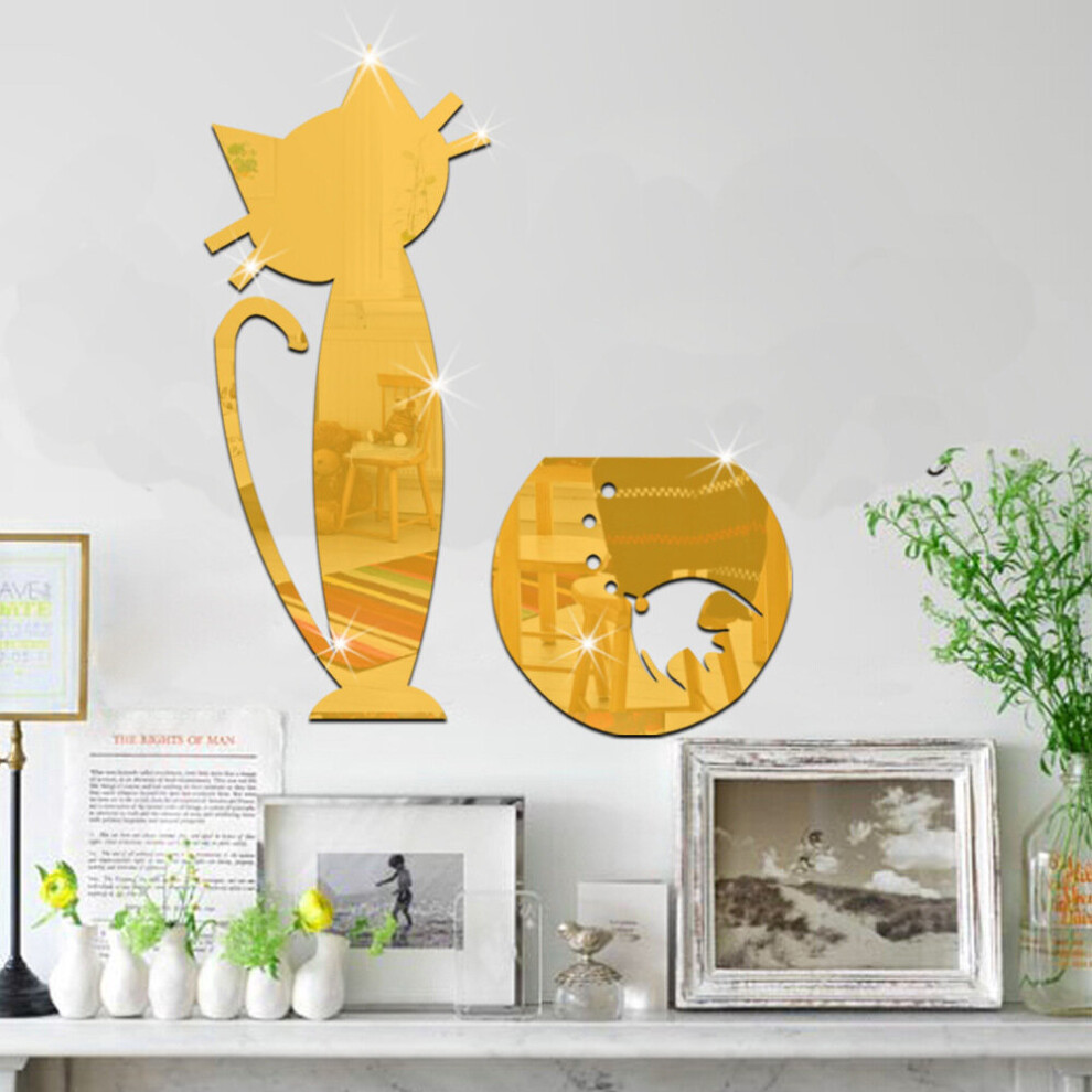 Decorative Mirrors Wall Stickers Cat And Fish Tank Room Decor Mirror Stickers For Living Room Espejos Decorativos