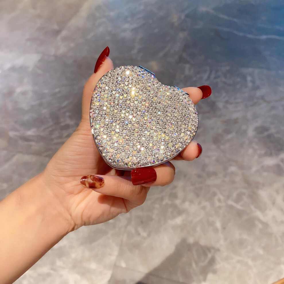 Diamond Love Heart Mirror Mini Portable Pocket Compact Makeup Mirror Double Sided Folding Girls Cosmetic Make Up Mirrors