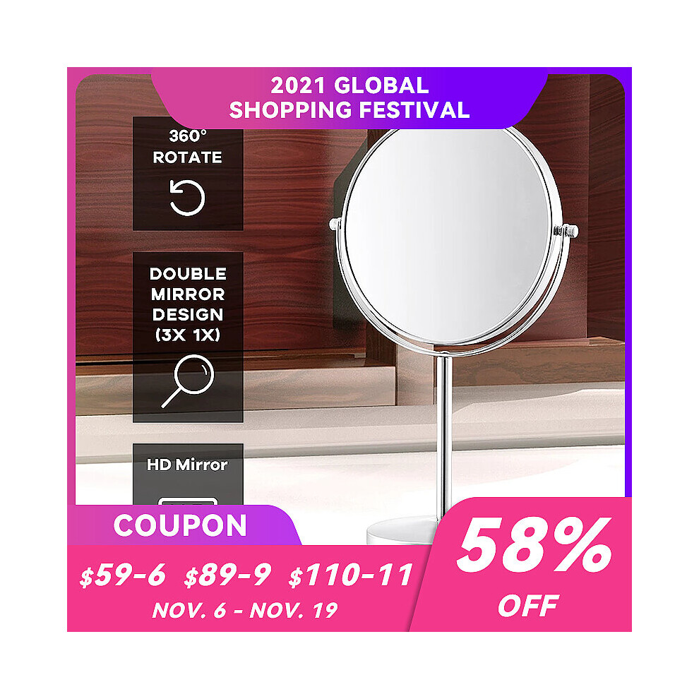 Double-Sided Magnifying Personal Makeup Mirror 26.6cm Diameter 3X Magnification 360 Degree Rotation Portable Good for Tabletop