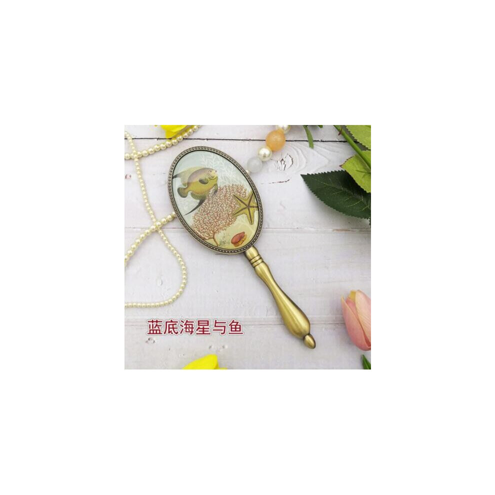 European retro bronze metal handle mirror female makeup mirror small portable portable girl princess round hand mirror