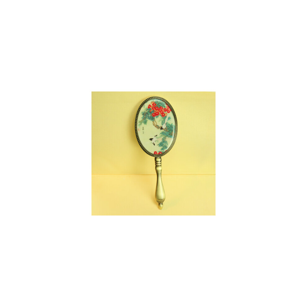 European Vintage Antique Brass Oval 3x4 inch Metal Alloy Framed Glass Hand Mirror with Butterfly Epoxy Decor Back CL111002