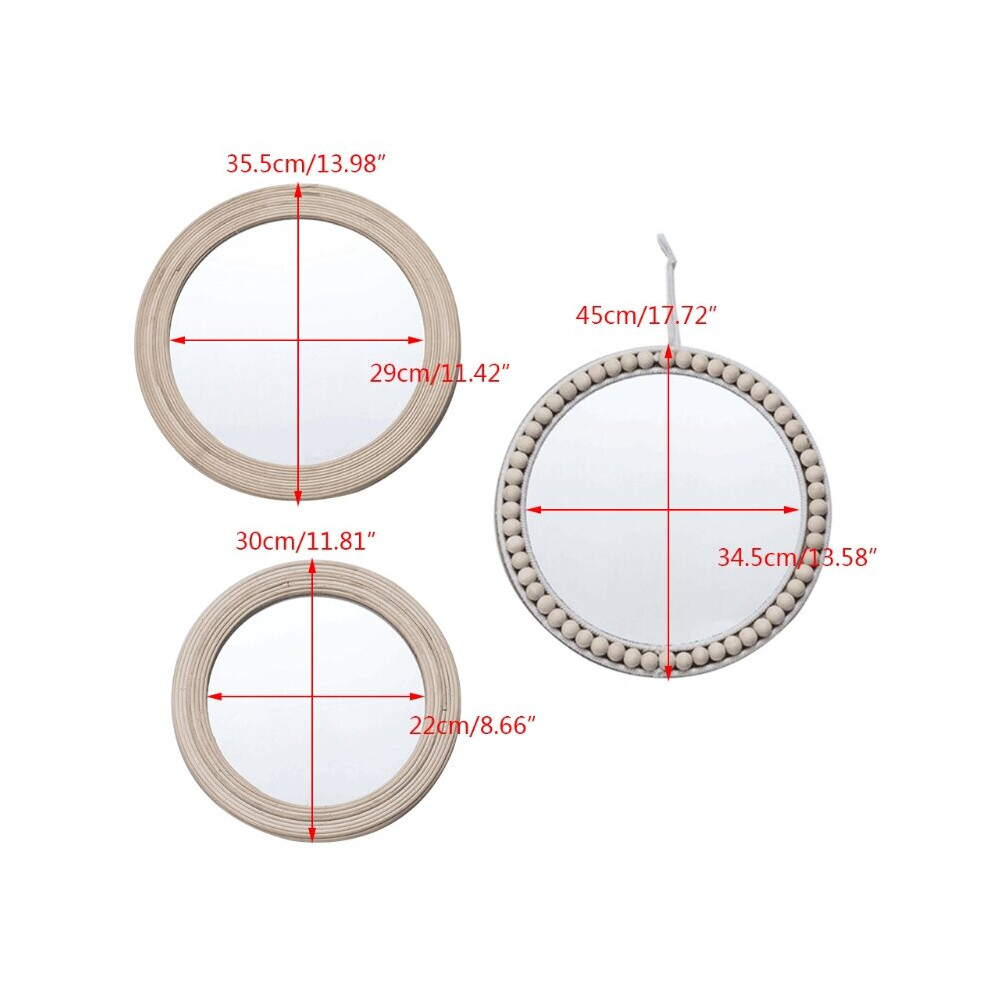 G5AB Rattan Round Wall Hanging Mirror Bohemian Macrame Wooden BeadsCircle Makeup Mirror Tapestry Home Bedroom Art Decor