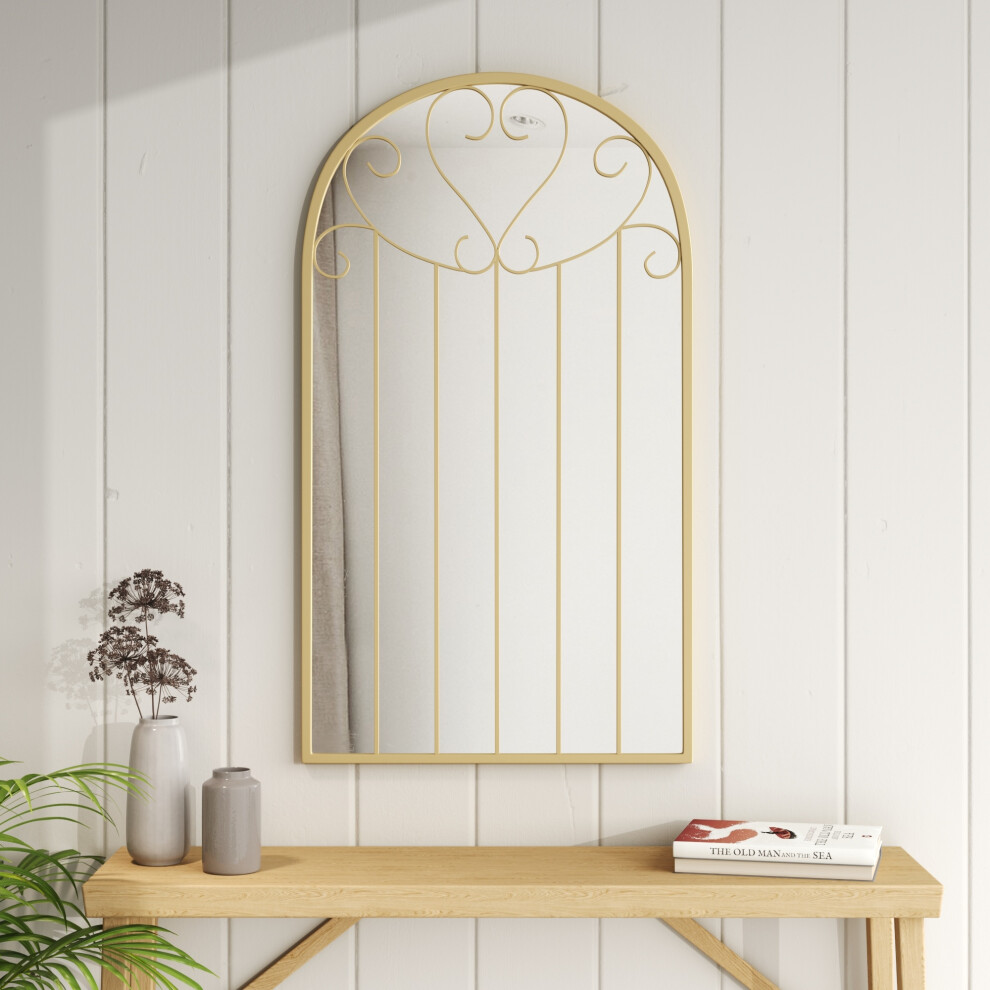 Gold Arched Windowpane Metal Wall Mirror