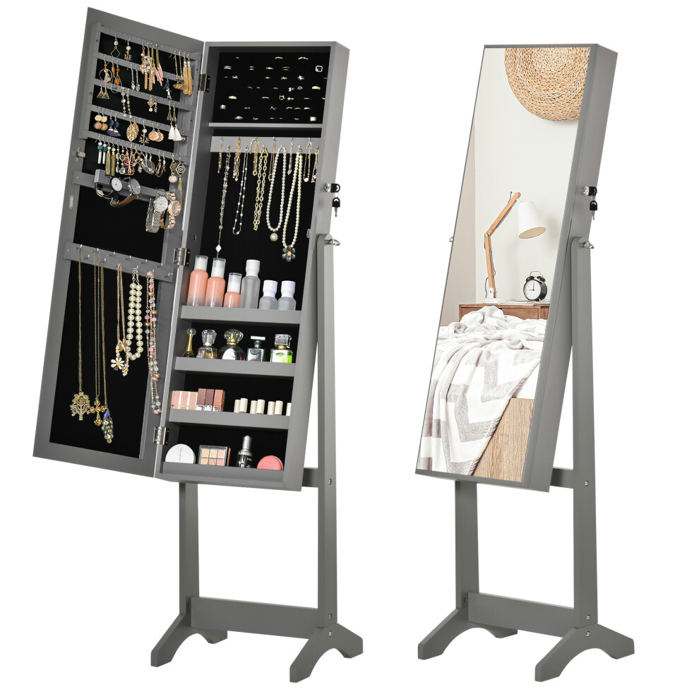 HOMCOM Mirrored Jewellery Cabinet Lockable Jewellery Organiser for Bedroom Grey