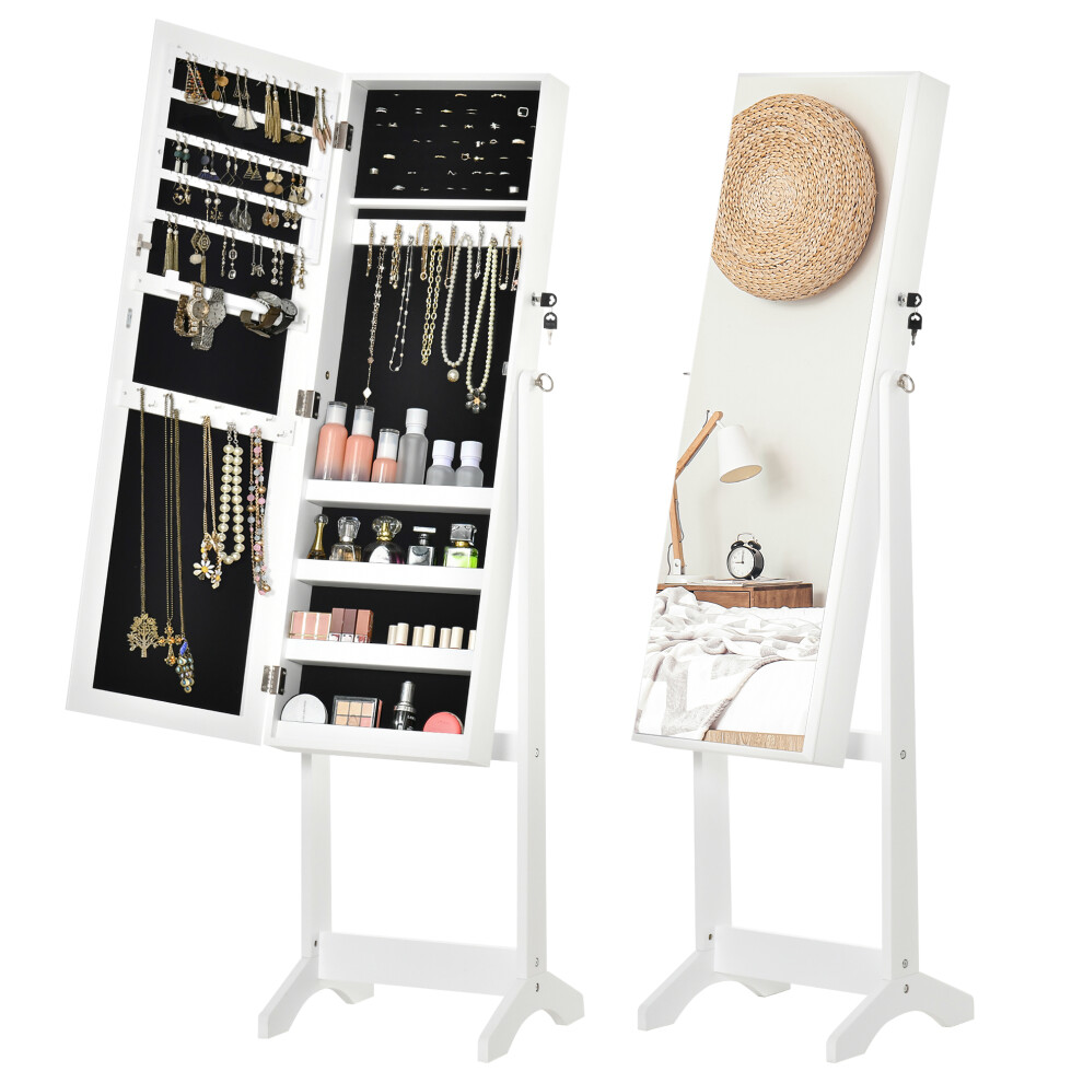 HOMCOM Mirrored Jewellery Cabinet Lockable Jewellery Organiser for Bedroom White
