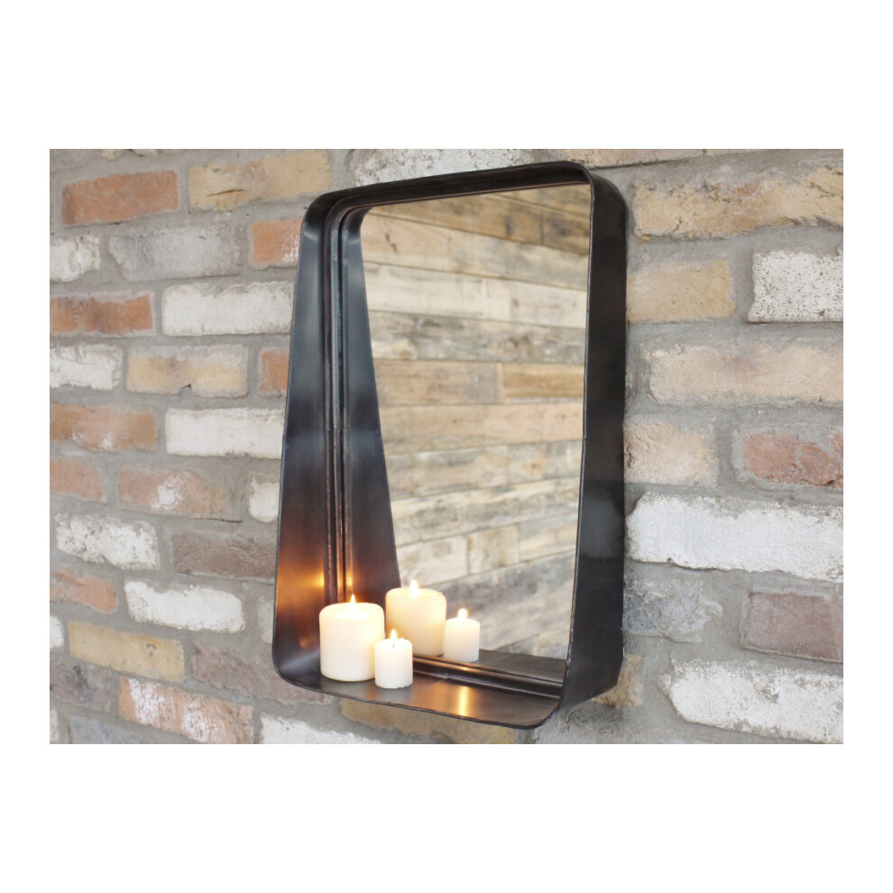 Industrial Mirror Wall Storage Shelf Distressed Black Metal Frame Decor + Ledge