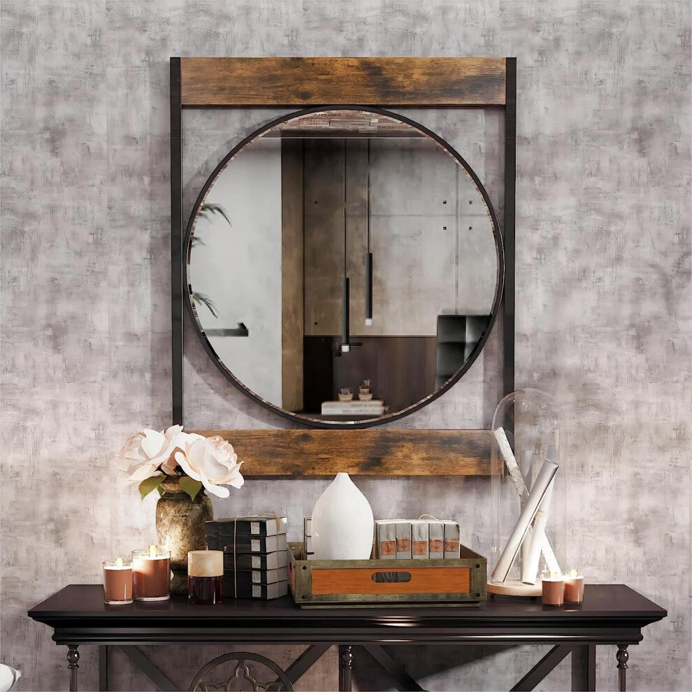 Industrial Round Wall Accent Mirror Square Wood Frame
