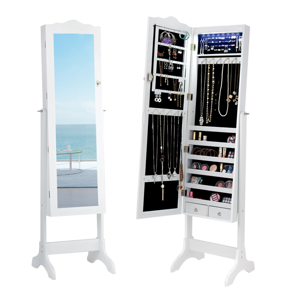 Jewellery Cabinet Free Standing Lockable Jewelry Armoire Organizer W/ LED Lights