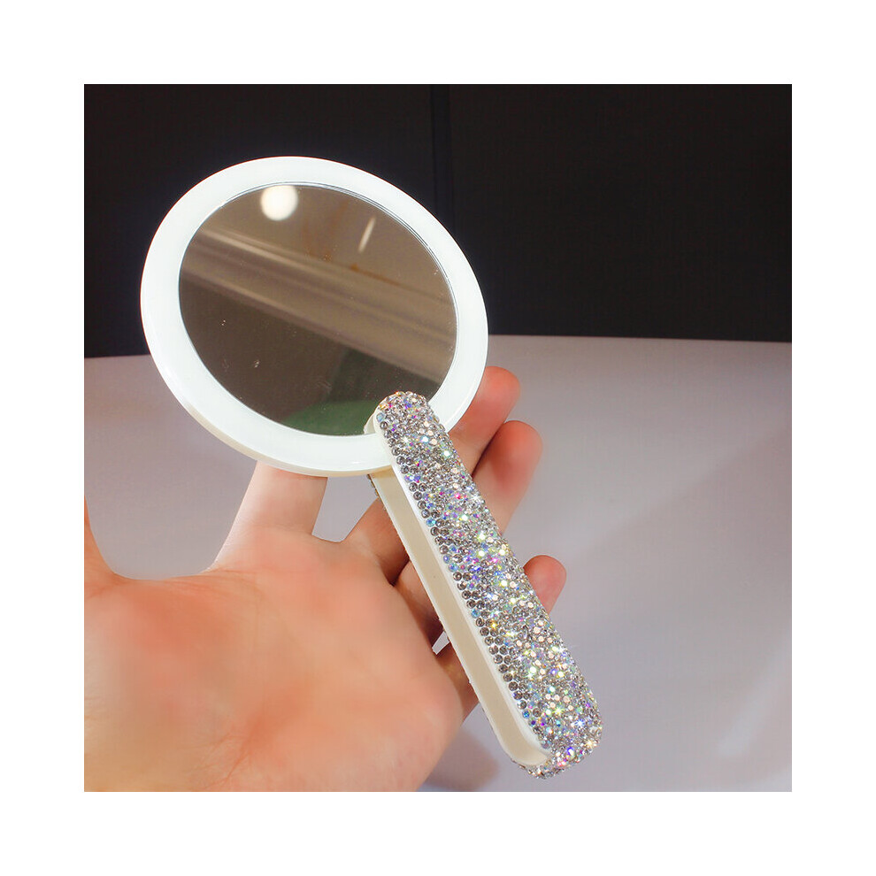 LED Light Mirror Rotatable Folding Makeup Mirror Rhinestone With Handle Portable Decorative Mirror Makeup Tool Whit
