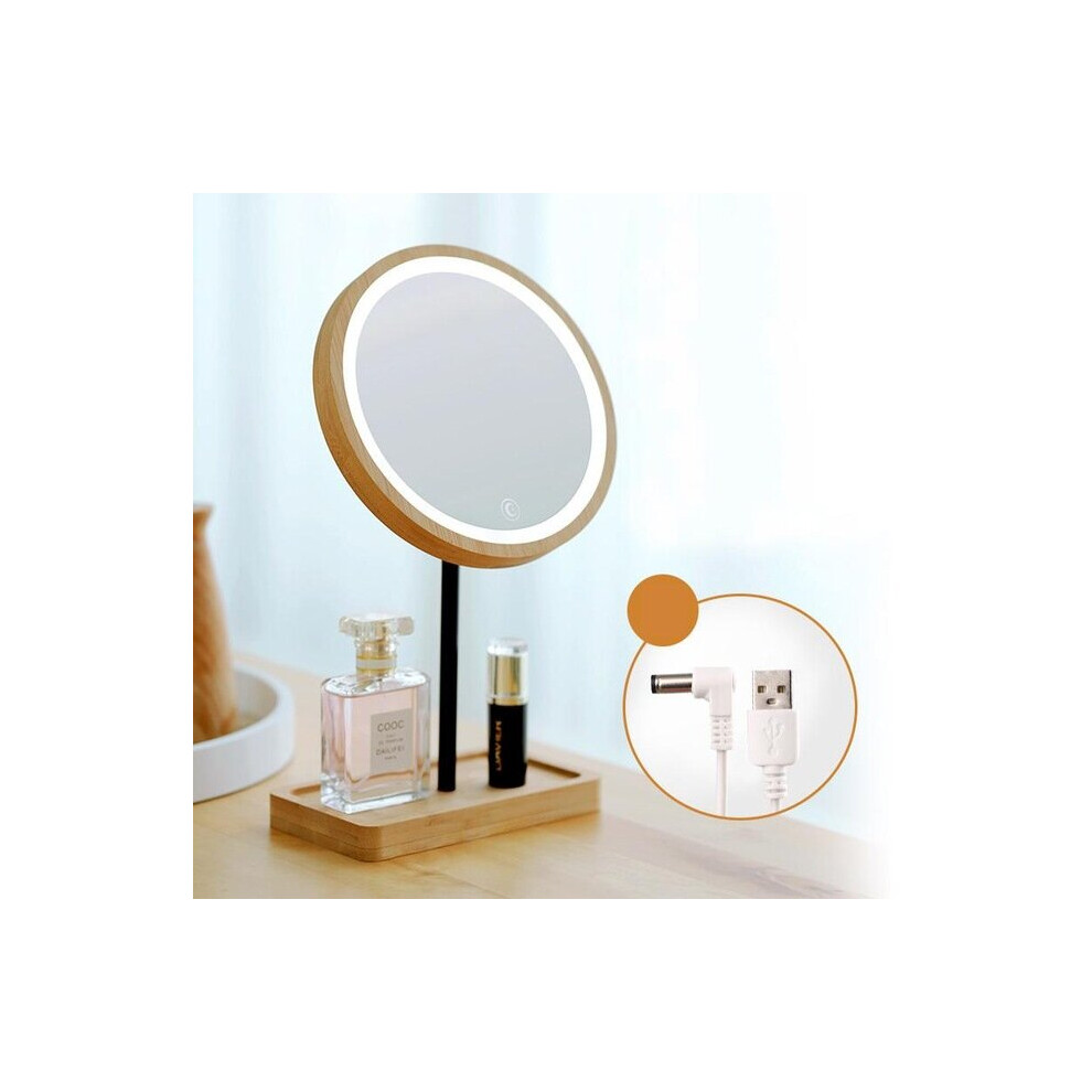 LED Wooden Desktop Makeup Mirror 3X Magnifying USB Charging Adjustable Bright Diffused Light Touch Screen Beauty Mirrors