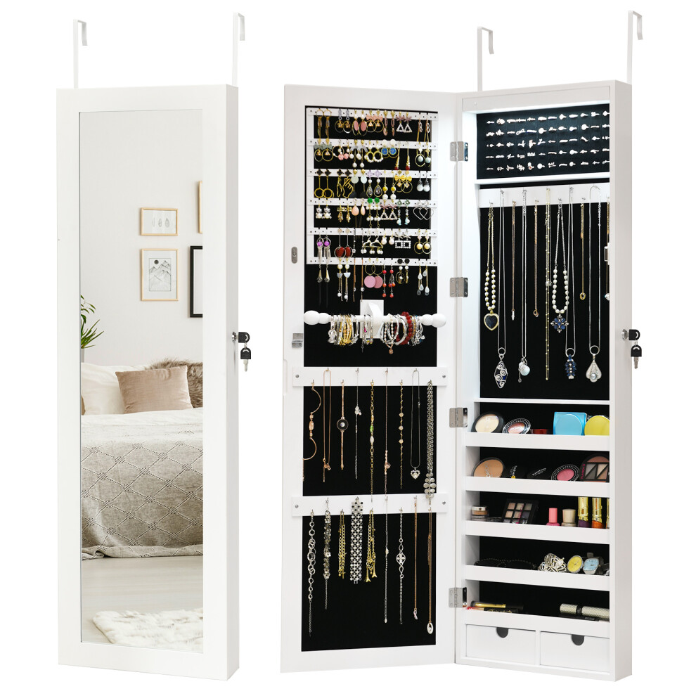 Lockable Jewelry Storage Cabinet Wall-mounted LED Jewelry Armoire w/Full Mirror