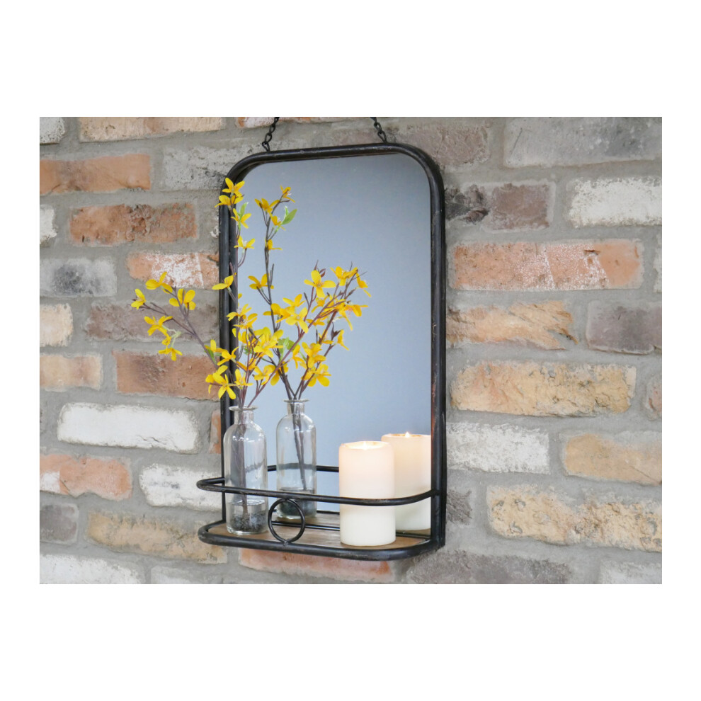 (Mirror Shelf) Industrial Style Wall Mirror Storage Shelf Black Distressed Metal Frame bathroom