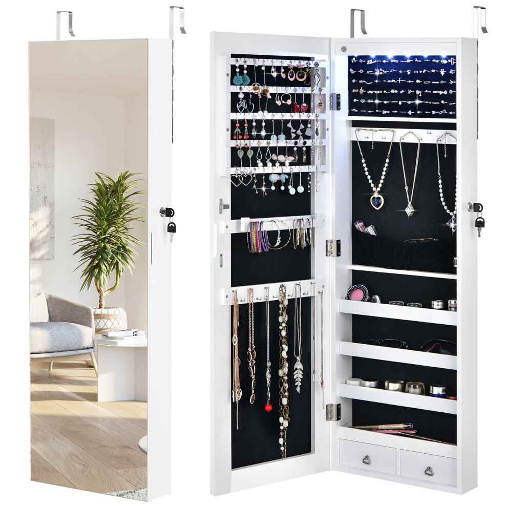 Mirrored Jewelry Storage Cabinet Lockable Wall Mounted w/ 6 LED Lights