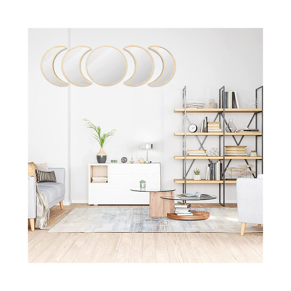 Moon Phase Self Adhesive Mirrors Natural Wood Acrylic Mirror Sets for Living Room Bedroom Bohemian Wall Decor Stickers for Home