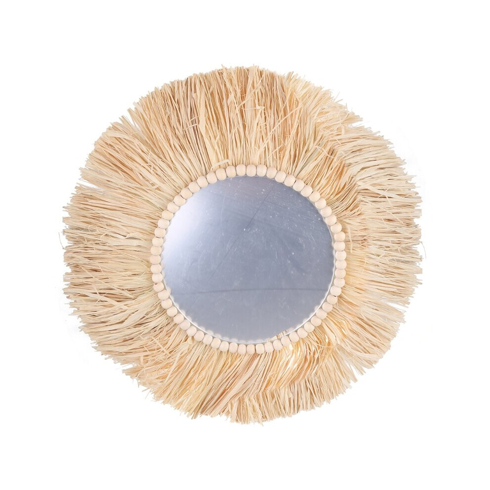 Moroccan Woven Straw Hanging Wall Mirror Boho Macrame Braided Wooden Beads Makeup Mirror Tapestry Home Bedroom