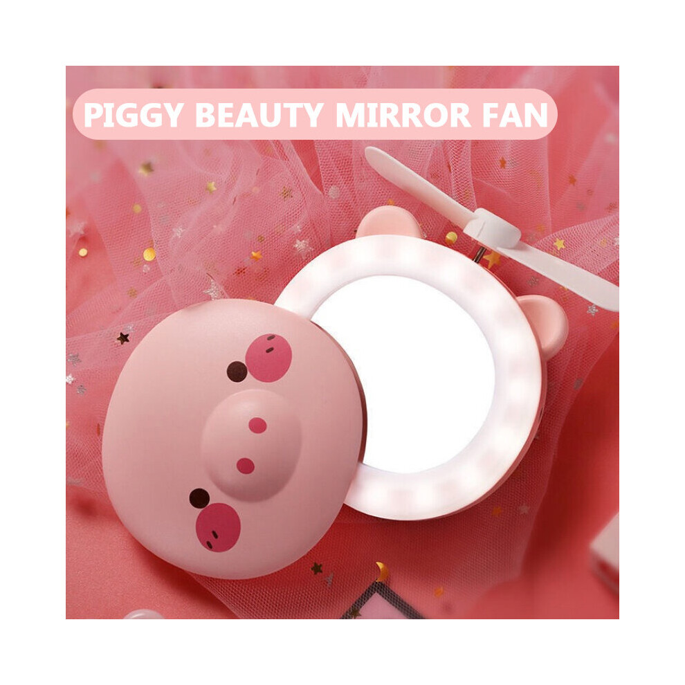 Multifunctional Cartoon Piggy Makeup Mirror Fill Light Portable Cooling Fan Handheld Charging Illuminated Makeup Mirror