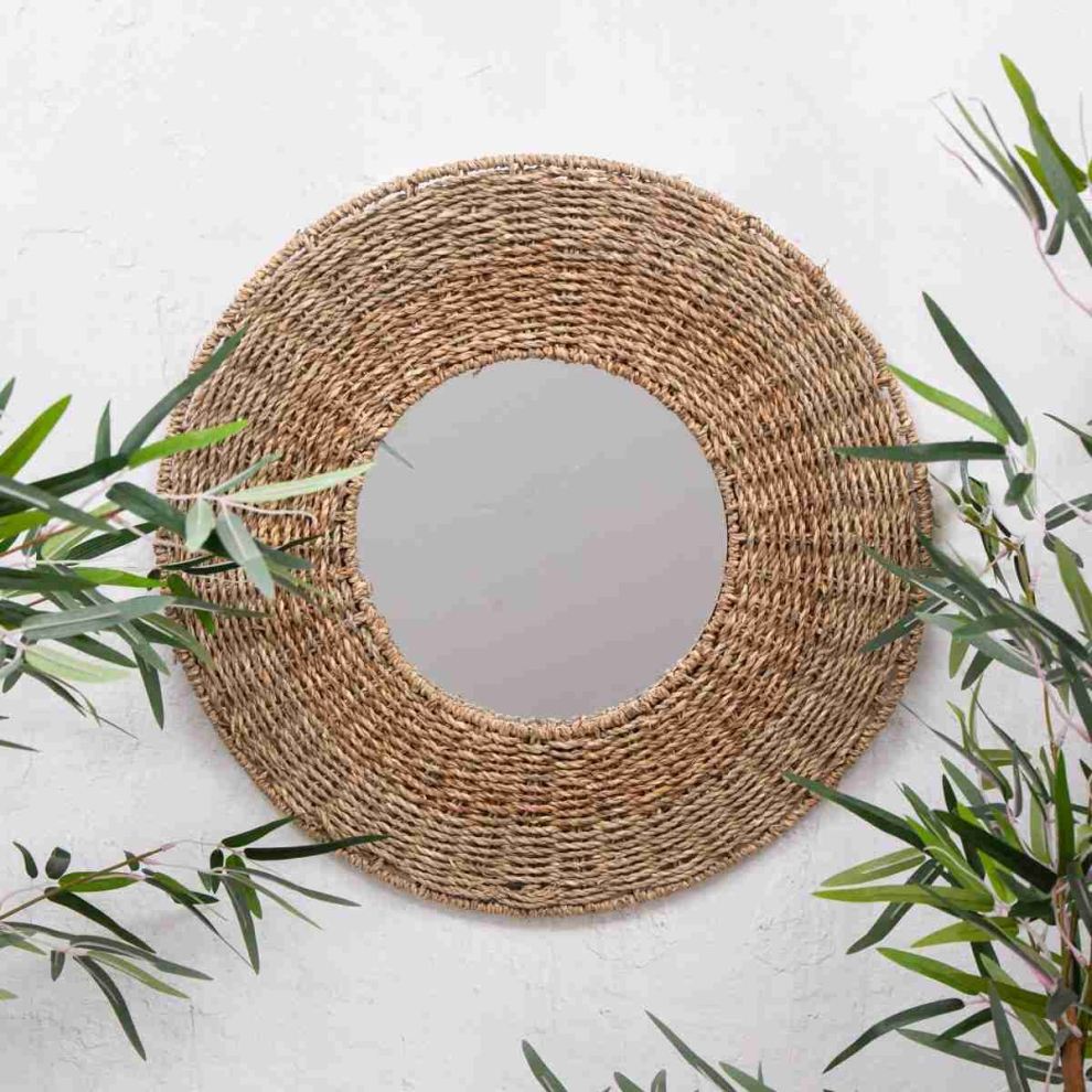 Natural Sea Grass Woven Rattan Wall Mirror Round Rustic Boho Style