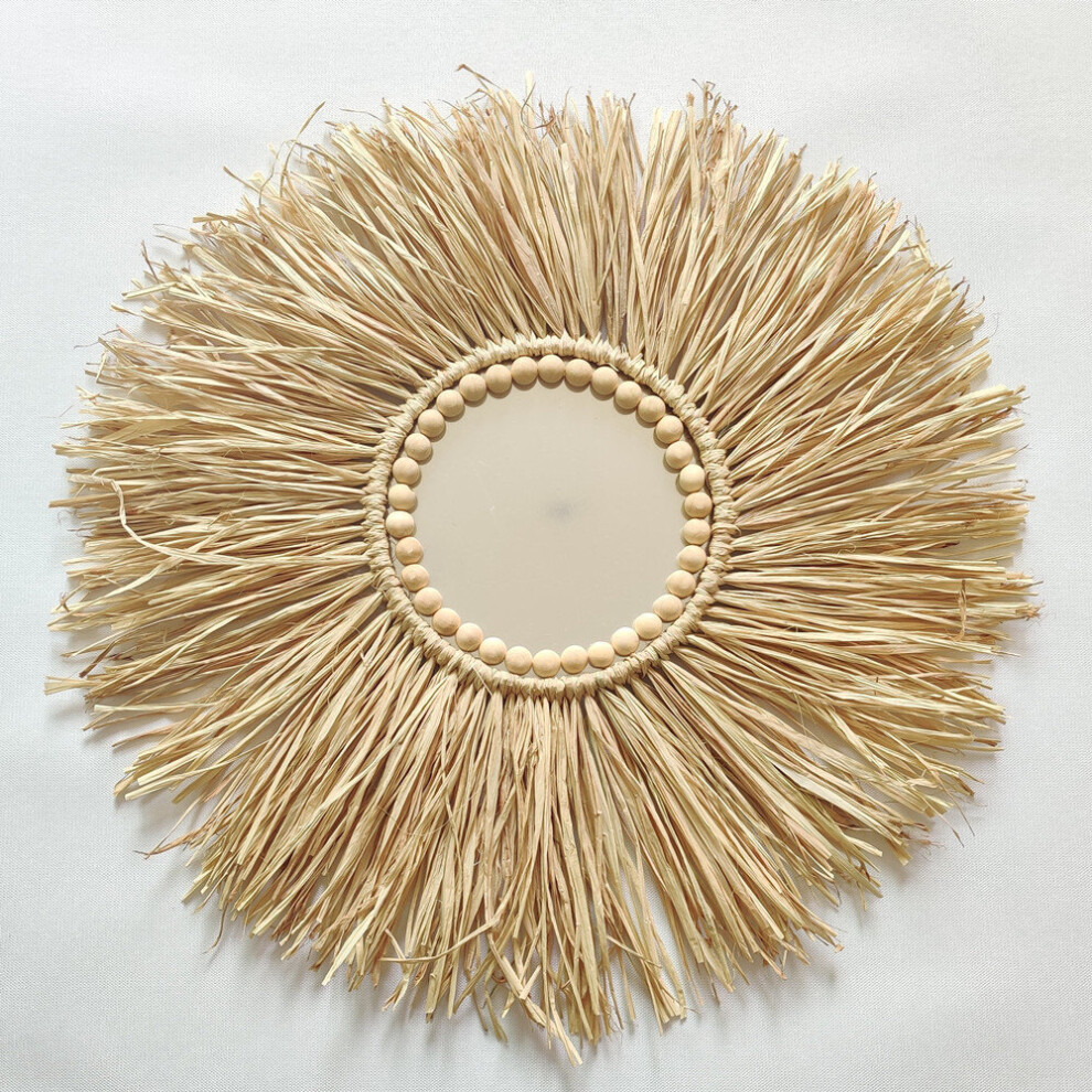 Nordic Round Woven Straw Mirror Moroccan Wood Beads Hanging Makeup Mirrors Wall Ornaments Home Decor Crafts