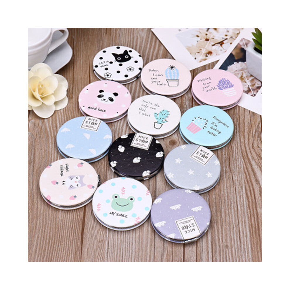 PU Leather Small Round Mirror Double-Sided Folding Girls Mirror Portable Cat Plant Print Make Up Mirrors Decorative Mirrors